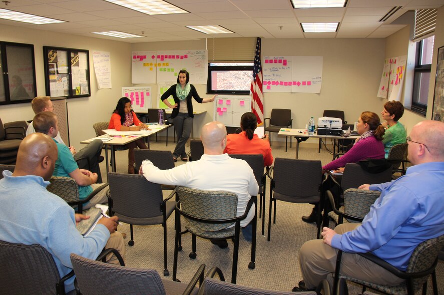 932nd performance planner, Lt. Col. Stephanie Boehning (far right), listens to a process improvement plan presentation during a AFSO21 Green Belt certification course held during a final outbrief at the 932nd Airlift Wing, Scott Air Force Base recently. Those who attended were active duty, Air National Guard and Air Force Reserve members stationed at Scott Air Force Base near Belleville. The course was designed to teach participants how to improve processes and cut out waste in their respective businesses.  (U.S. Air Force photo/Maj. Stan Paregien)