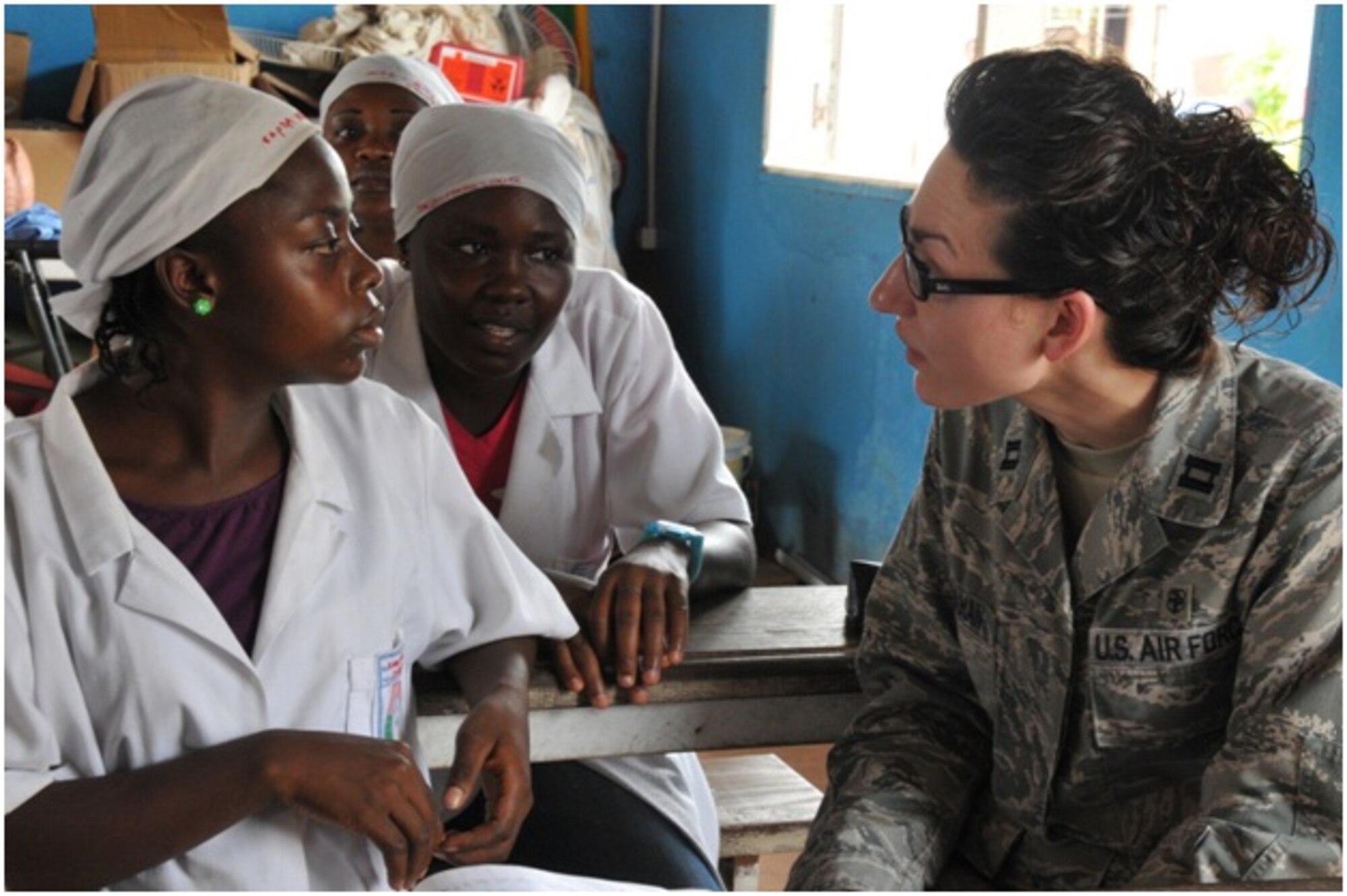 Capt. Crystal Karahan, U.S. Air Forces in Europe - Air Forces Africa international health specialist talks to Cameroonian nursing students during a clean site delivery workshop in Douala, Cameroon. (Courtesy photo)