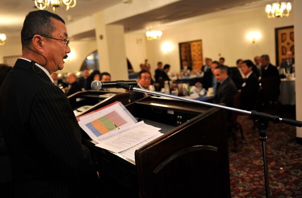 Japanese Ground Self-Defense Force retired Lt. Gen. Mikio Shibata, leader of Japan-America Air Force Goodwill Association explains about JAAGA during their tour at the Kadena Officer's Club on Kadena Air Base, Japan, March 4, 2014. The tour was held in order to contribute to the promotion of friendship and mutual understanding of the U.S. Air Force and Japan Air Self-Defense Force. (U.S. Air Force photo by Naoto Anazawa) 