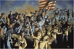 The 54th Massachusetts Volunteer Infantry Regiment, a fighting force of African-American Soldiers, fought valiantly in the 1863 battle at Fort Wagner, S.C., shown in this painting. About 180,000 African-American Soldiers followed in their footsteps. (The Old Flag Never Touched the Ground by Rick Reeves)