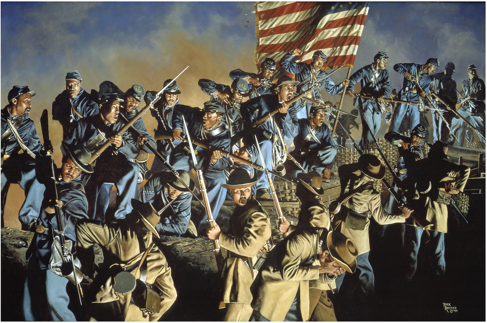 The 54th Massachusetts Volunteer Infantry Regiment, a fighting force of African-American Soldiers, fought valiantly in the 1863 battle at Fort Wagner, S.C., shown in this painting. About 180,000 African-American Soldiers followed in their footsteps. (The Old Flag Never Touched the Ground by Rick Reeves)