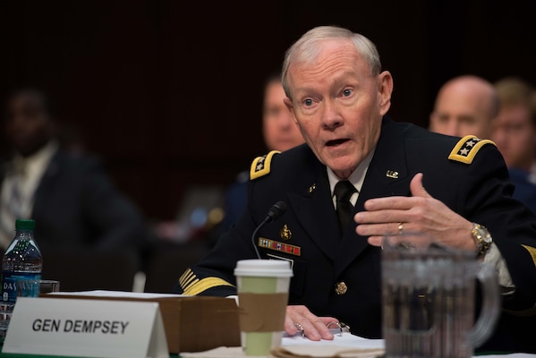 Chairman of the Joint Chiefs of Staff Gen. Martin E. Dempsey testifies before the Senate Armed Services Committee in Washington D.C. March 5, 2013. President Barack H. Obama presented a $3.9 trillion dollar budget plan for Fiscal Year 2015 this week of which $496 billion are allocated for the Defense Department.