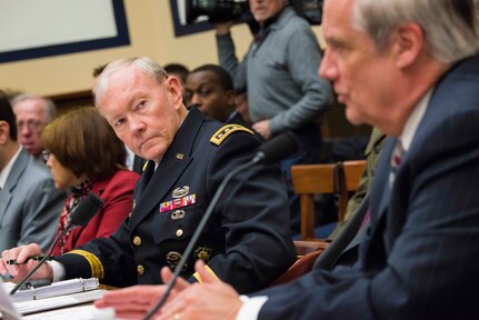 Secretary of Defense Chuck Hagel and Chairman of the Joint Chiefs of Staff Gen. Martin E. Dempsey appeared before the House Armed Services Committee during the DoD Fiscal Year 2015 National Defense Authorization Budget Request hearing at the Rayburn Building at the Capitol, Mar. 6, 2014.