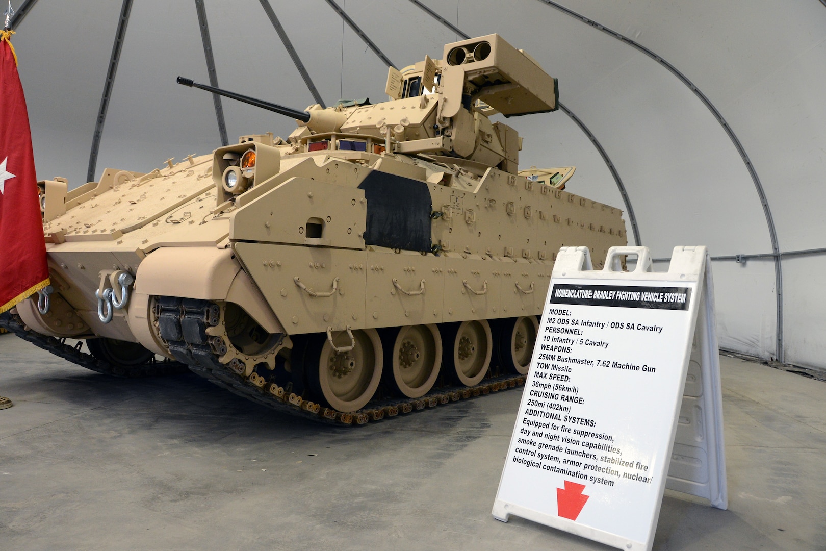 An M2A2 ODS-SA Bradley Fighting Vehicle, the latest addition to the Pennsylvania Army National Guard’s armored vehicle fleet, sits on display during an unveiling ceremony for the vehicle at Fort Indiantown Gap, Pa. The upgraded Bradley Fighting Vehicle features embedded training and diagnostic systems, programmable displays, a thermal view for the driver, inertial navigation and upgraded armor protection. Additionally, the new vehicles offer greater combat capabilities, are safer to operate and easier to maintain than former variants, said officials.