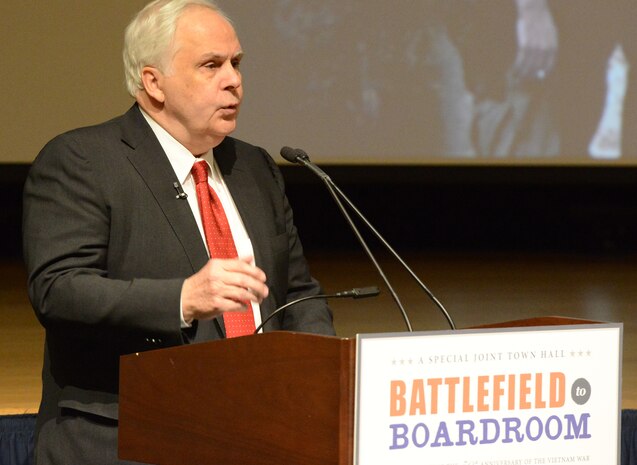 Fred Smith, CEO of FedEx, speaks about his wartime experiences and about FedEx at the Pentagon, Feb. 28, 2014. The event, called “Battlefield to Boardroom,” commemorates the 50th anniversary of the Vietnam War. 
