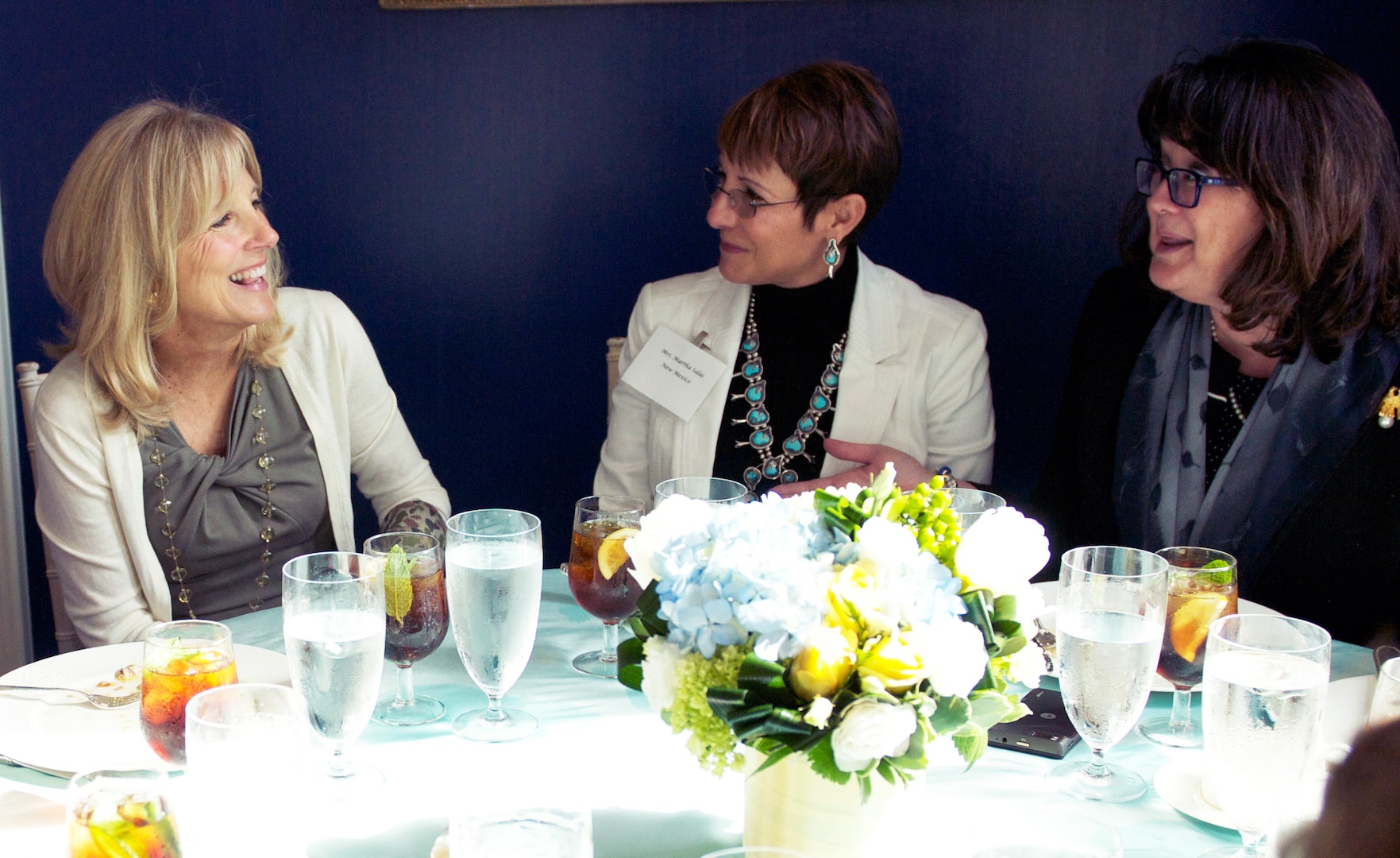 Dr. Jill Biden, wife of Vice President Joe Biden, talks with spouses of senior National Guard leaders about different programs that support service members during a brunch held Feb. 26, 2014, at the vice president's official residence in Washington, D.C. The brunch was part of a two-day program that increased senior leader spouses' awareness of military programs.