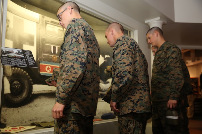 Marines of Company E, 2nd Recruit Training Battalion, tour the Command Museum aboard the depot, Feb. 19. The museum tour included the Vietnam Gallery, Korean War, World War II, Waterhouse Room, Modern Warfare and Medals and Decorations, which educated the Marines’ on the of history of the Corps.