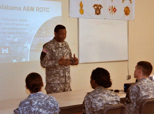 Lt. Gen. Thomas Bostick, Army Chief of Engineers and Commanding General of the U.S. Army Corps of Engineers, took time during his visit at the U.S. Army Engineering and Support Center, Huntsville to mentor future military officers when he visited with more than 30 cadets from the Alabama A&M University Reserve Officer Training Corps.