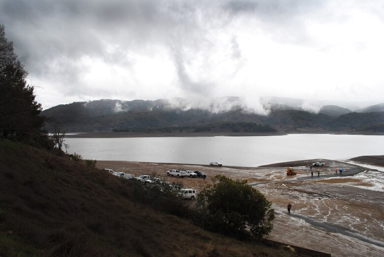 U.S. Army Corps of Engineers San Francisco District maintenance crews use "old school" to construct a pierced-steel plank boat ramp with the circa World War II-era material used to make runways across the South Pacific.  The boat ramp was built at Lake Mendocino Feb. 27 as part of its emergency operations for Redwood Valley County Water District to use as a floating platform to extend its ability to supply water to 4,000 residents.   