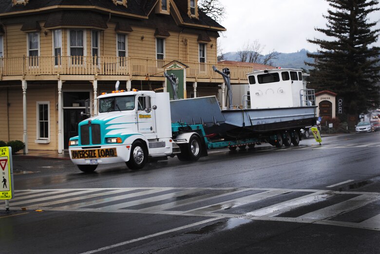 U.S. Army Corps of Engineers San Francisco District moved its barge boat from Lake Sonoma to Lake Mendocino Feb. 27, passing through Hopland as part of its emergency operations for Redwood Valley County Water District to use as a floating platform to extend its ability to supply water to 4,000 residents.   The 35-foot aluminum landing craft-style boat can operate in adverse weather and has speeds of 20 knots.   Drought water levels are hovering around 30 percent of the Lakes 122,000 acre feet of capacity.