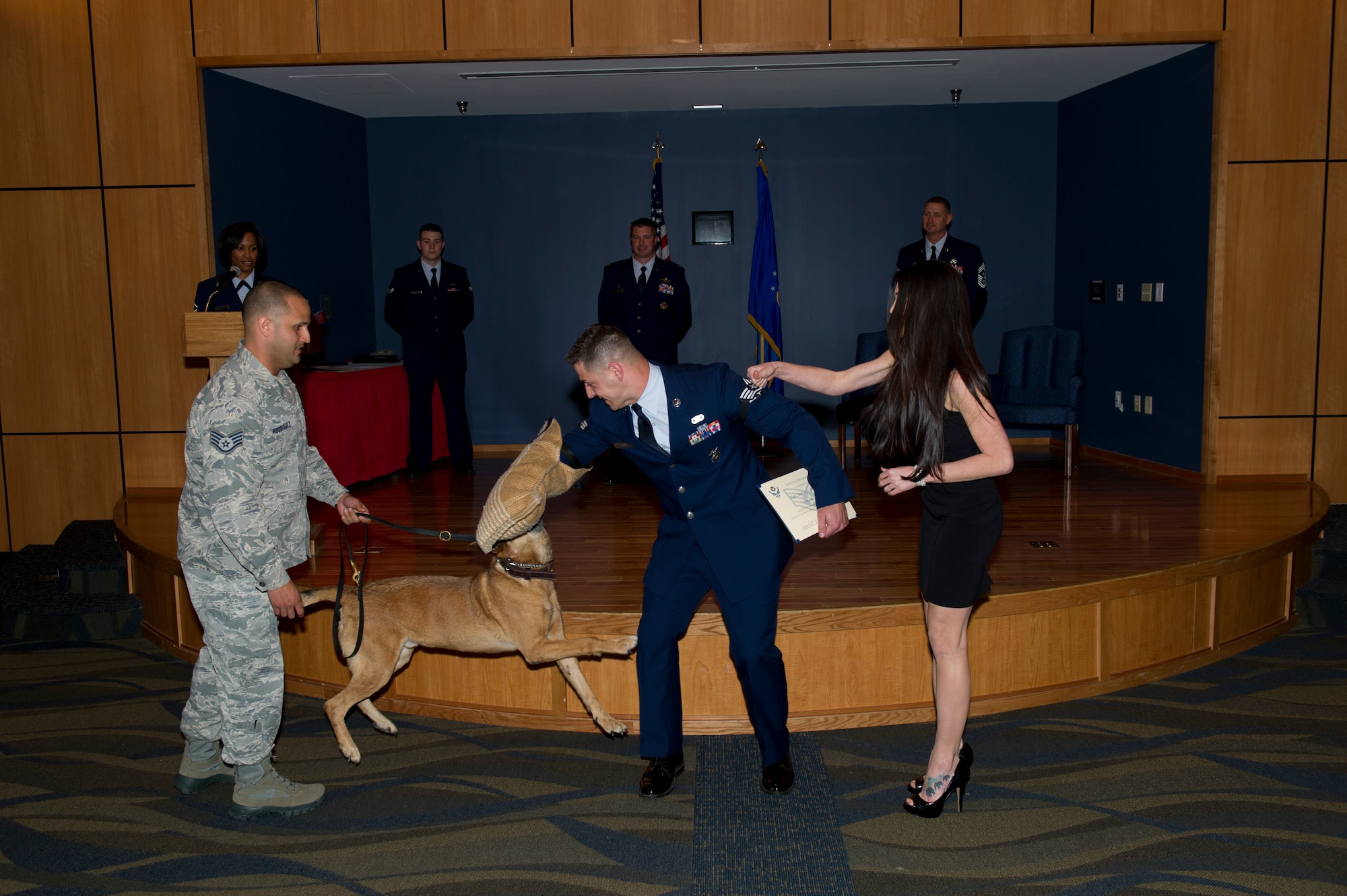 Staff Sgt. Justin Paczesny, 325th Security Forces Squadron military working dog handler, has his fiancée, Andrea Plumb, and his supervisor’s retired military working dog, Arco, tack on his staff sergeant stripes Feb. 28 at the March Enlisted Promotion Ceremony at Horizons Community Center. (U.S. Air Force photo by Senior Airman Christopher Reel)