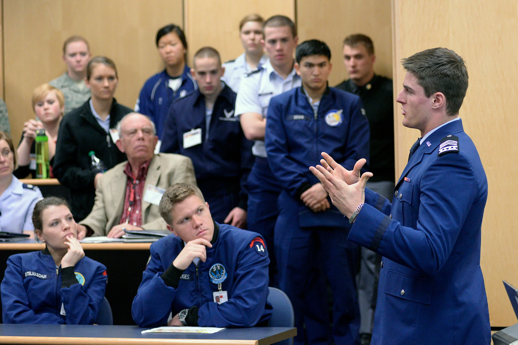 Cadet 2nd Class Austin Gouldsmith speaks to cadets Feb. 27 here during the 2014 National Character and Leadership Development Symposium on the Holocaust. Gouldsmith visited concentration camps in Hungary, Poland and the Czech Republic last summer. (Mike Kaplan/Air Force photo)

