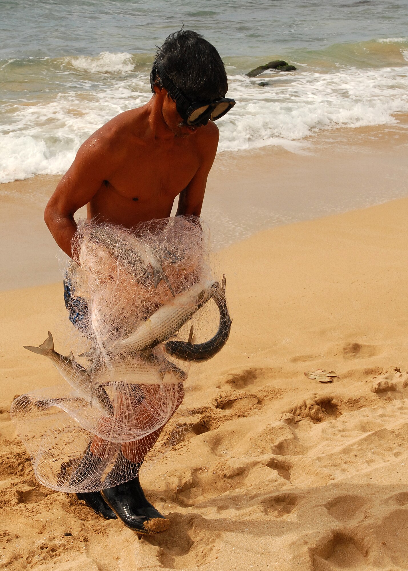 NORTH SHORE,Hawaii -- A favorite activity by Hawaiians is to wait in the surf for a school of mullet to swim by and cast a net over them for dinner. Some of the beaches have lots of volcanic rock scattered along the beach. After the net is thrown, the fisherman will done a snorkeling mask and gather the off the rocks to avoid tearing it. (U.S. Air Force photo/Staff Sgt. Mike Meares)