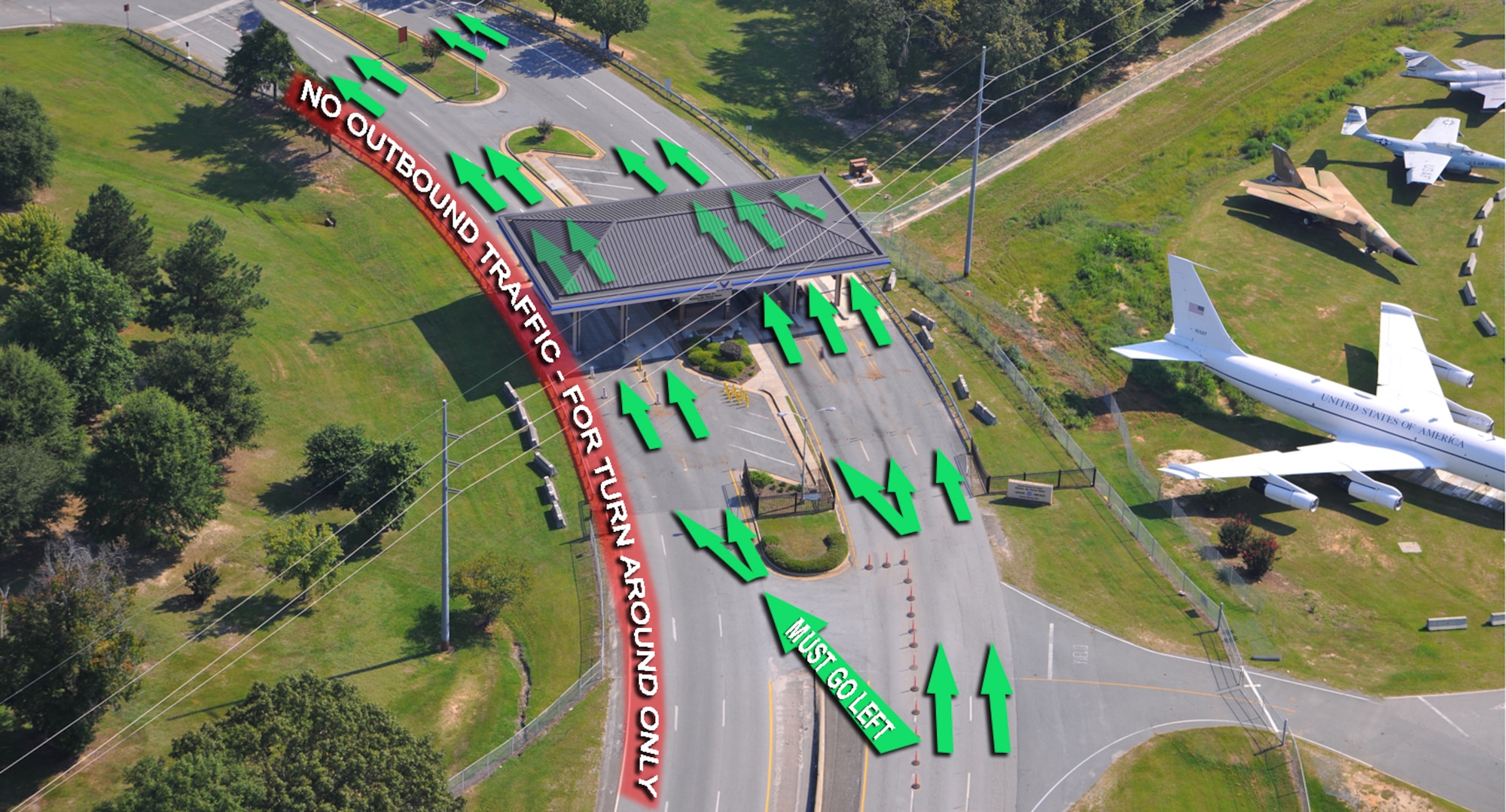 This photo shows the new traffic scheme for entering the Russell Parkway gate beginning March 17. (U.S. Air Force graphic illustration by Tommie Horton) 