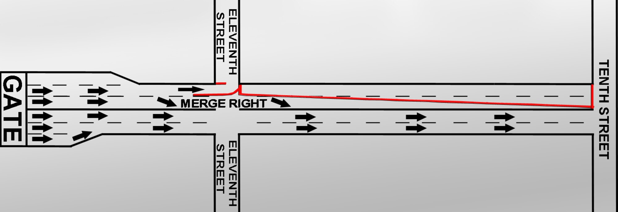 This graphic shows how traffic will merge once motorists get through the gate. (U.S. Air Force graphic illustration by Tommie Horton)
