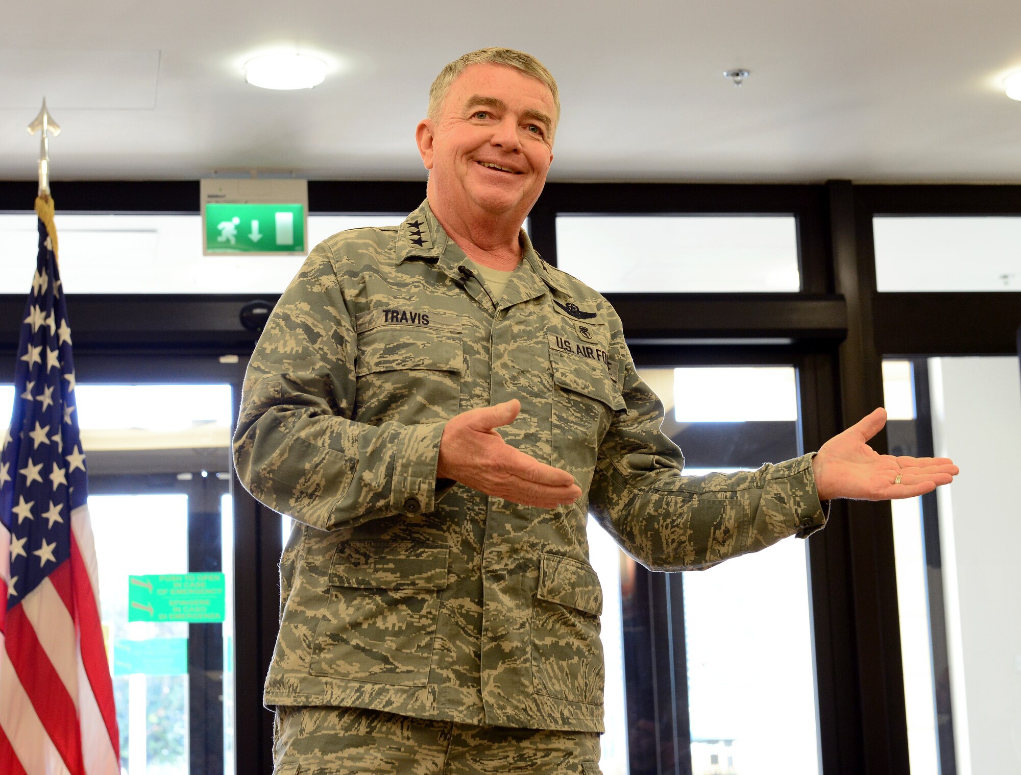 Lt. Gen. (Dr.) Thomas Travis, Surgeon General of the U.S. Air Force, speaks to 31st Medical Group Airmen, March 7, 2014, at Aviano Air Base, Italy. Travis advises the Secretary of the Air Force, Air Force Chief of Staff and the Assistant Secretary of Defense for Health Affairs on matters pertaining to medical aspects of the air expeditionary force and the health of Air Force military members. (U.S. Air Force Photo/Senior Airman Matthew Lotz)