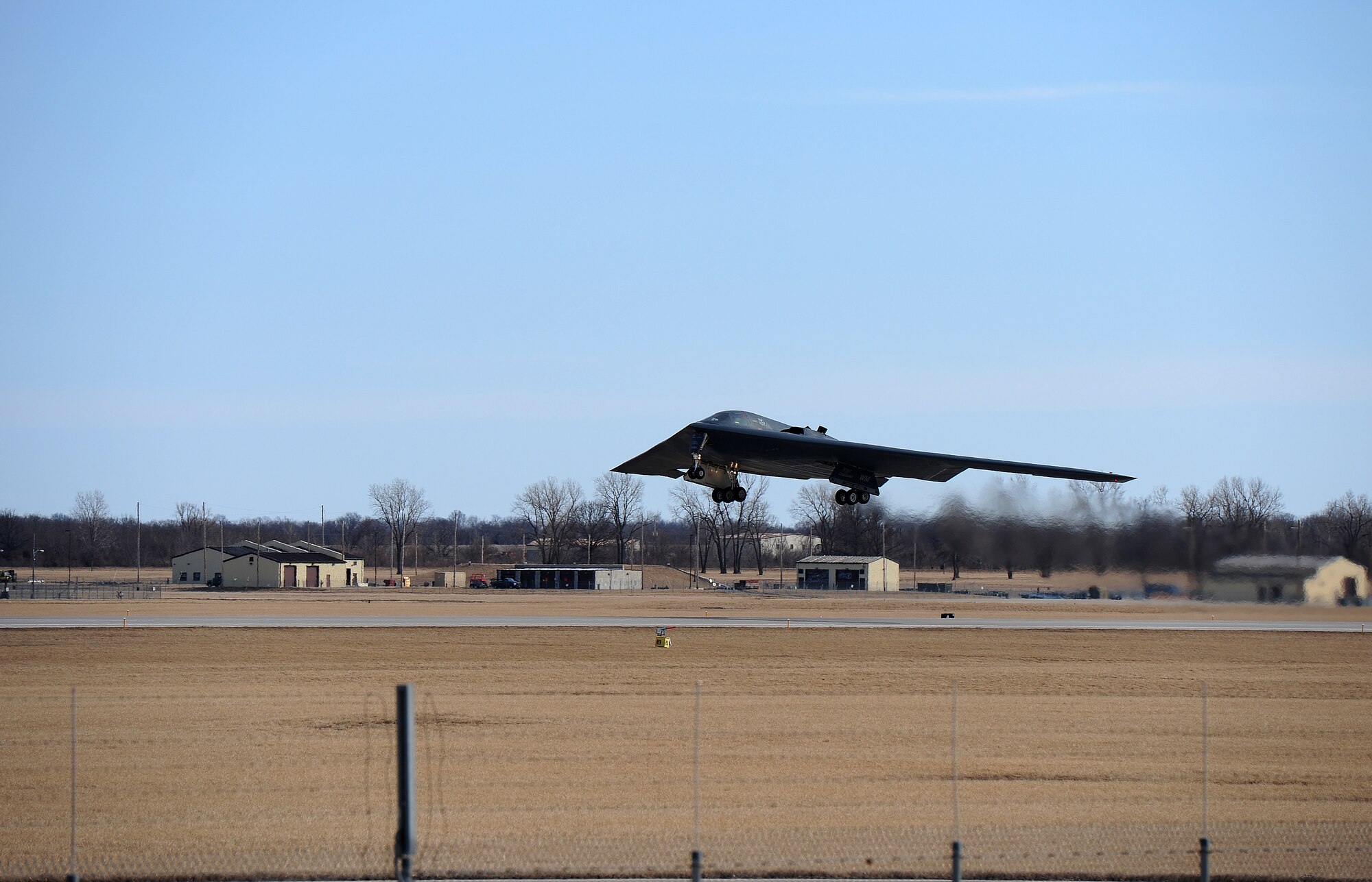 A B-2 Spirit takes off at Whiteman Air Force Base, Mo., Feb. 24, 2014. The B-2’s low-observable, or "stealth," characteristics give it the unique ability to penetrate an enemy's most sophisticated defenses and threaten its most valued, and heavily defended, targets. (U.S. Air Force photo by Staff Sgt. Nick Wilson/Released)
