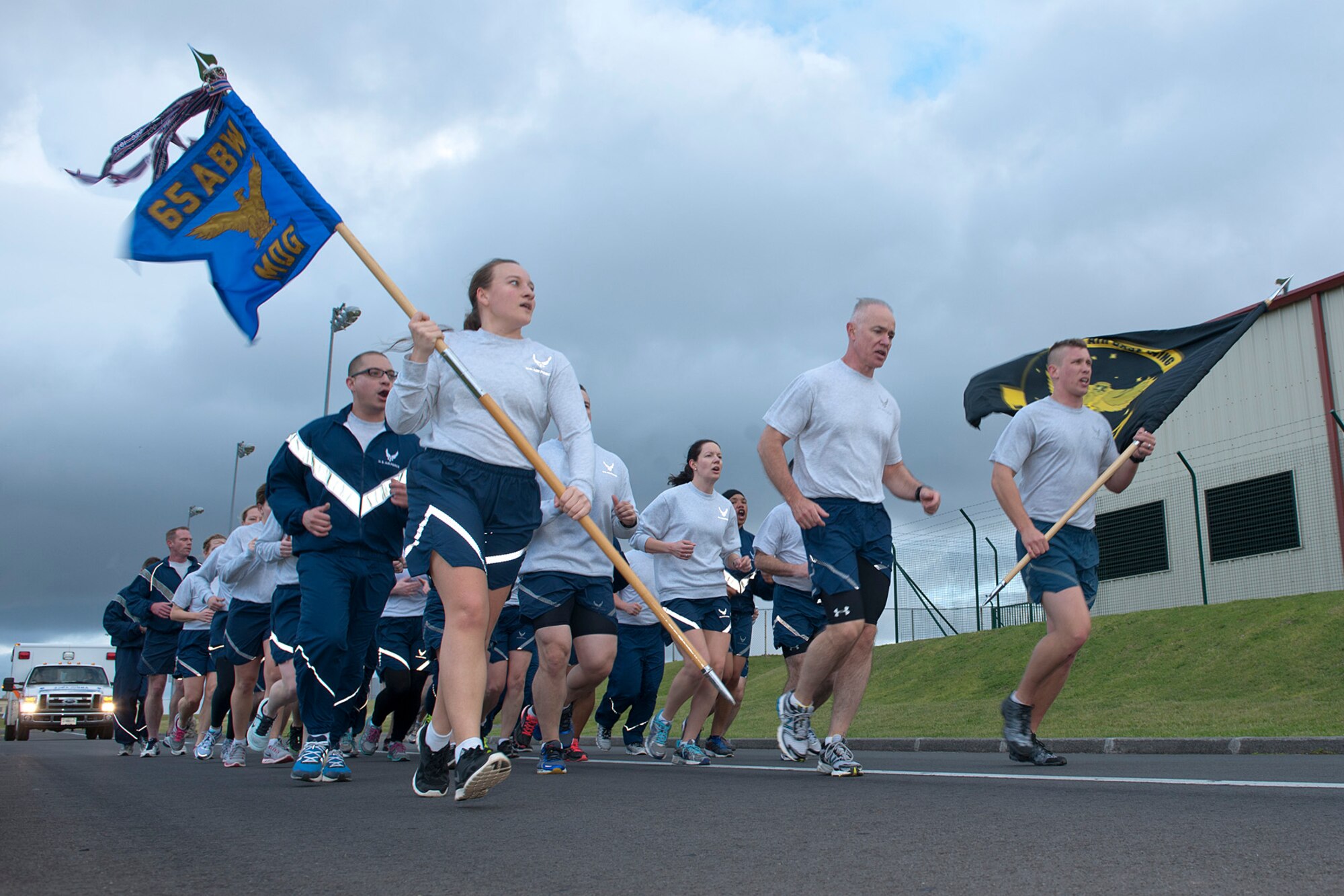 The 65th Air Base Wing at Lajes Field held a wing formation run here, March 7.  The formation run – a recurring, quarterly event – reminds Lajes Airmen of the wing’s focus areas:  discipline, readiness and unity. (U.S. Air Force photo by Tech. Sgt. Paul Villanueva II/Released)