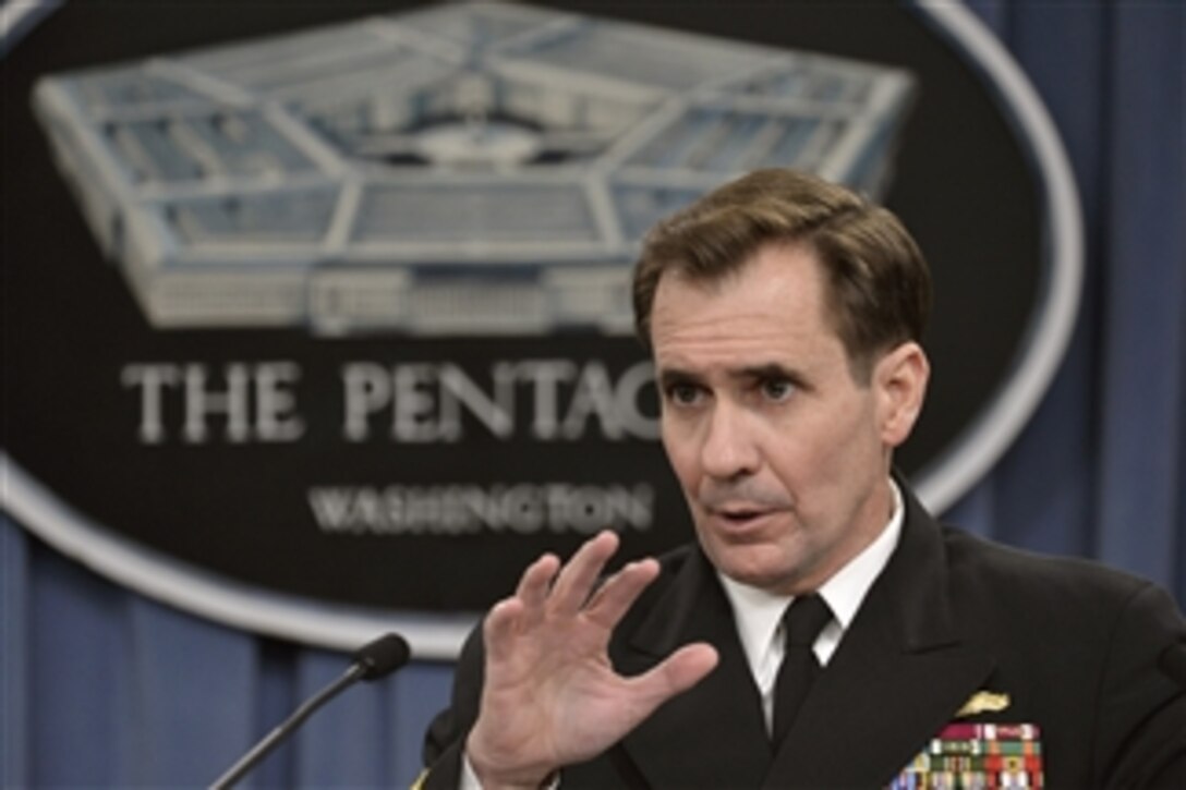 Pentagon Press Secretary Navy Rear Adm. John Kirby briefs reporters at the Pentagon, March 7, 2014, discussing a range of issues, including testimony by defense officials on the fiscal year 2015 budget request before House and Senate committees, recent developments in Ukraine and military compensation.