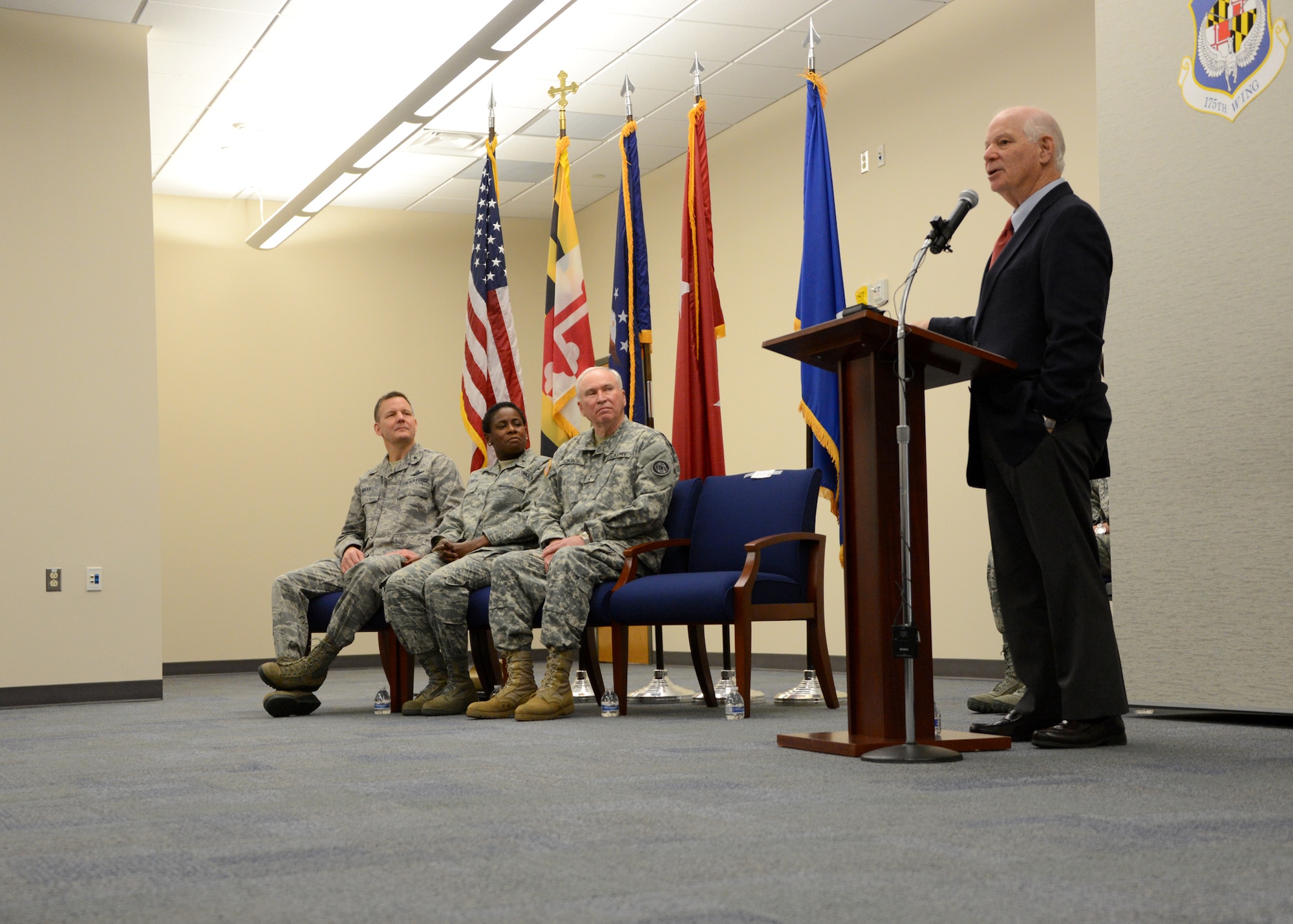 U.S. Sen. Benjamin Cardin, Maryland, gives his remarks during a ribbon cutting ceremony for the new 175th Wing Headquarters building, March 8, 2014, at Warfield Air National Guard Base, Baltimore, Md.  The 33,700 square foot facility was built to achieve LEED Silver Certified standards including multiple energy saving materials and systems.  (U.S. Air National Guard photo by Tech. Sgt. Chris Schepers/RELEASED)