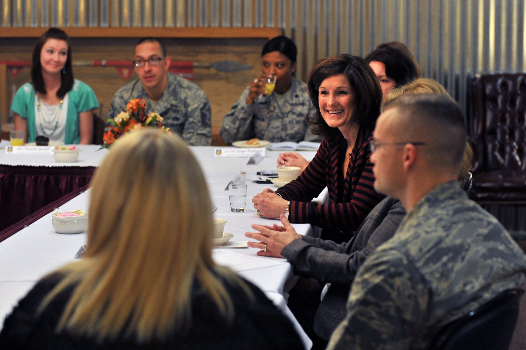 ALTUS AIR FORCE BASE, Okla. – Betty Welsh, wife of Air Force Chief of Staff Gen. Mark A. Welsh III, speaks with senior leaders and key spouses inside Club Altus March 6, 2014. Welsh and Athena Cody, wife of Chief Master Sgt. of the Air Force James A. Cody, spoke to leaders and key spouses about spouse programs, issues and resolutions during their visit to Altus AFB. (U.S. Air Force photo by Senior Airman Dillon Davis/Released)