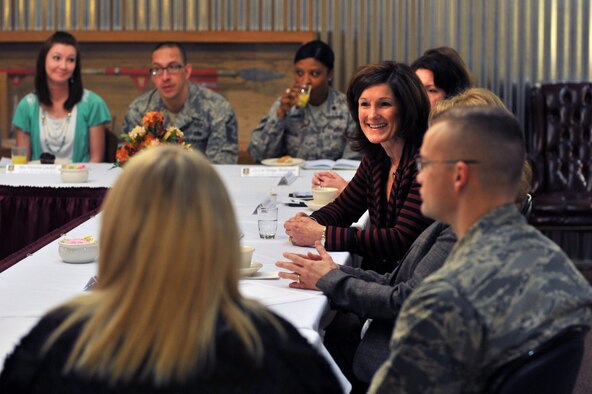 ALTUS AIR FORCE BASE, Okla. – Betty Welsh, wife of Air Force Chief of Staff Gen. Mark A. Welsh III, speaks with senior leaders and key spouses inside Club Altus March 6, 2014. Welsh and Athena Cody, wife of Chief Master Sgt. of the Air Force James A. Cody, spoke to leaders and key spouses about spouse programs, issues and resolutions during their visit to Altus AFB. (U.S. Air Force photo by Senior Airman Dillon Davis/Released)