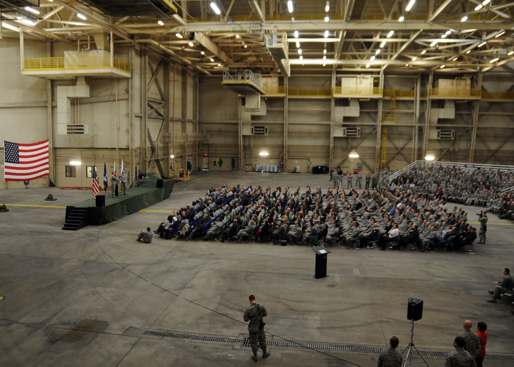 ALTUS AIR FORCE BASE, Okla. –Air Force Chief of Staff Gen. Mark A. Welsh III and Chief Master Sgt. of the Air Force James A. Cody speak with members assigned to the 97th Air Mobility Wing inside Hangar 517, March 6, 2014. Welsh and Cody addressed various topics such as sequestration, force structure and sexual assault. (U.S. Air Force photo by Senior Airman Franklin R. Ramos/Released)