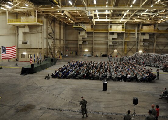 ALTUS AIR FORCE BASE, Okla. –Air Force Chief of Staff Gen. Mark A. Welsh III and Chief Master Sgt. of the Air Force James A. Cody speak with members assigned to the 97th Air Mobility Wing inside Hangar 517, March 6, 2014. Welsh and Cody addressed various topics such as sequestration, force structure and sexual assault. (U.S. Air Force photo by Senior Airman Franklin R. Ramos/Released)