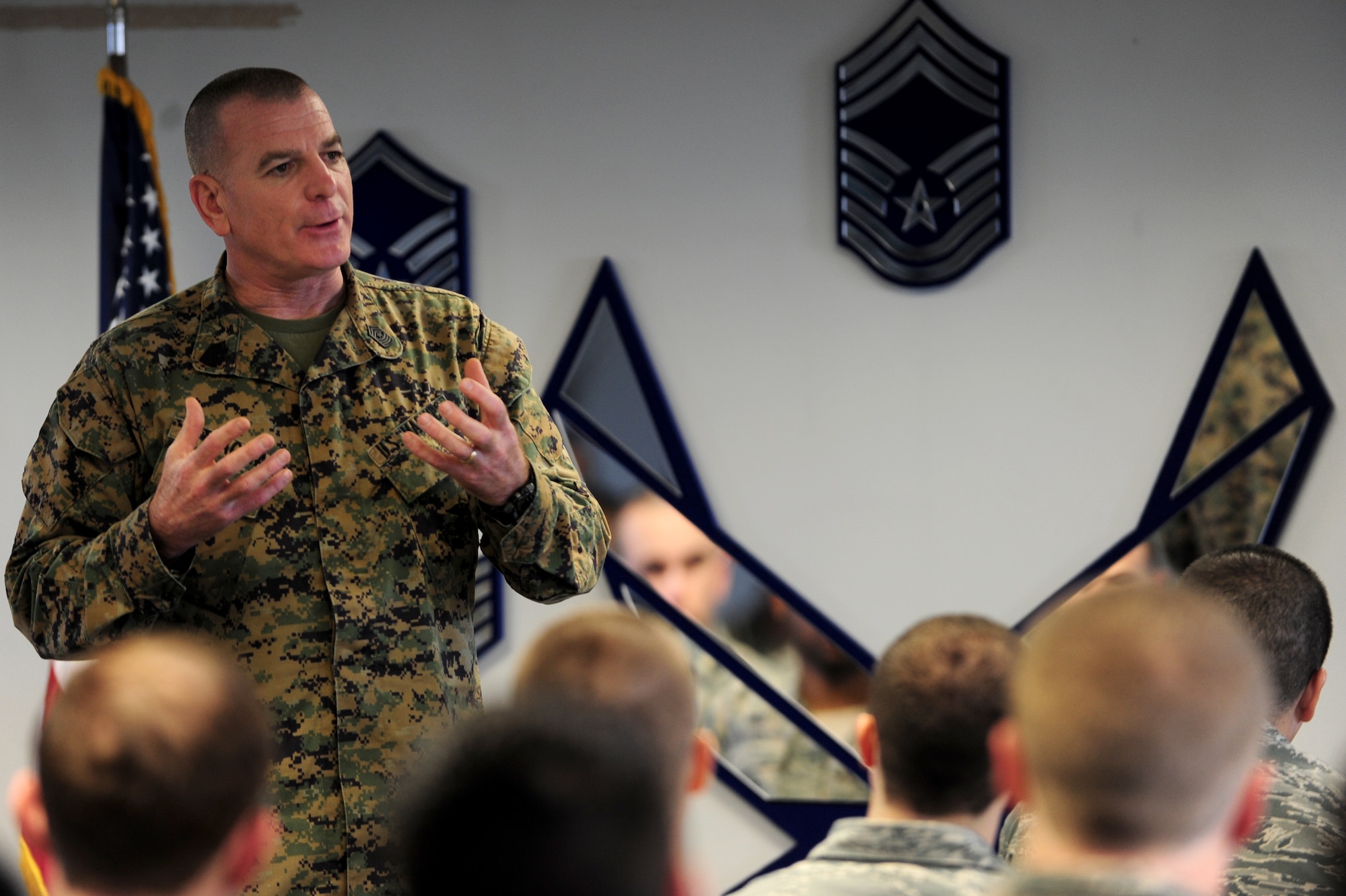 U.S. Marine Corps Sgt. Maj. Bryan Battaglia, Senior Enlisted Advisor to the Chairman of the Joint Chiefs of Staff, speaks to Airmen in Airman Leadership School at Langley Air Force Base, Va., March 7, 2014. Battaglia toured the base before guest speaking at the Head Quarters Air Combat Command annual awards. (U.S. Air Force photo by Airman 1st Class Areca T. Wilson/Released)