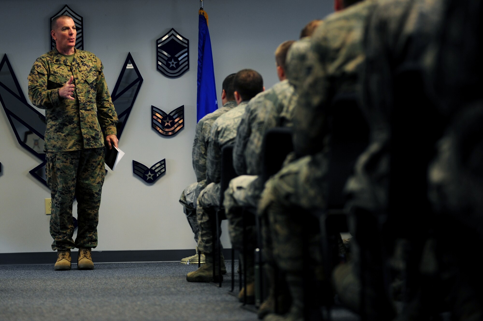 U.S. Marine Corps Sgt. Maj. Bryan Battaglia, Senior Enlisted Advisor to the Chairman of the Joint Chiefs of Staff, speaks to Airmen in Airman Leadership School at Langley Air Force Base, Va., March 7, 2014. Battaglia discussed the importance of leadership in the workplace. (U.S. Air Force photo by Airman 1st Class Areca T. Wilson/Released)