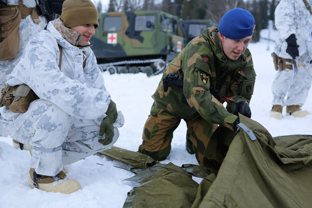 U.S. Marines with Company G, 2nd Battalion, 2nd Marine Regiment, 2nd Marine Division learn how to set up ten-man tents from the Norwegian Army Host Nation Support Battalion during a short field exercise, March 3, 2014. The Marines and Norwegian soldiers spent three days learning to work together and how to operate in the Norwegian winter environment to prepare the Marines and soldiers for Exercise Cold Response, which is a multinational and multilateral training exercise. The exercise will feature various types of military training including maritime, land and air operations. The location, above the Arctic Circle in northern Norway, provides a unique cold-weather environment for all forces involved to learn and develop procedures from one another.