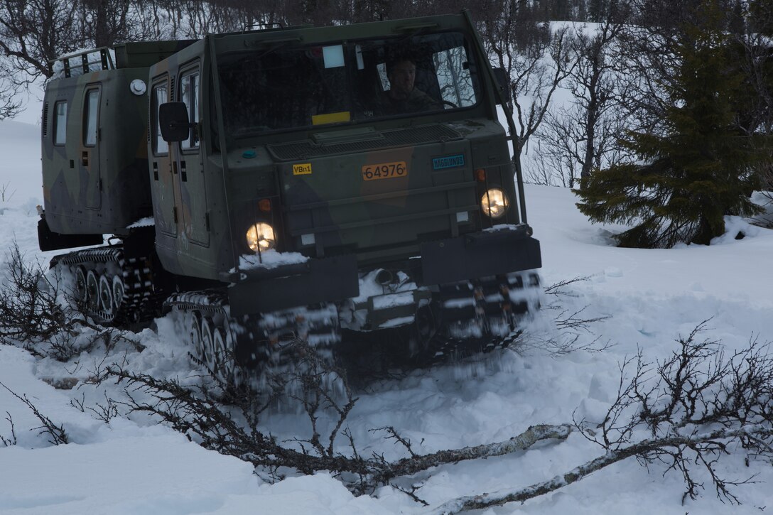 A Bandvagn 206 drives over trees to provide traction over difficult terrain where it could have gotten stuck. Marines and Norwegian soldiers spent three days learning to work together and how to operate in the Norwegian winter environment to prepare the Marines and soldiers for Exercise Cold Response, which is a multinational and multilateral training exercise. The exercise will feature various types of military training including maritime, land and air operations. The location, above the Arctic Circle in northern Norway, provides a unique cold-weather environment for all forces involved to learn and develop procedures from one another.