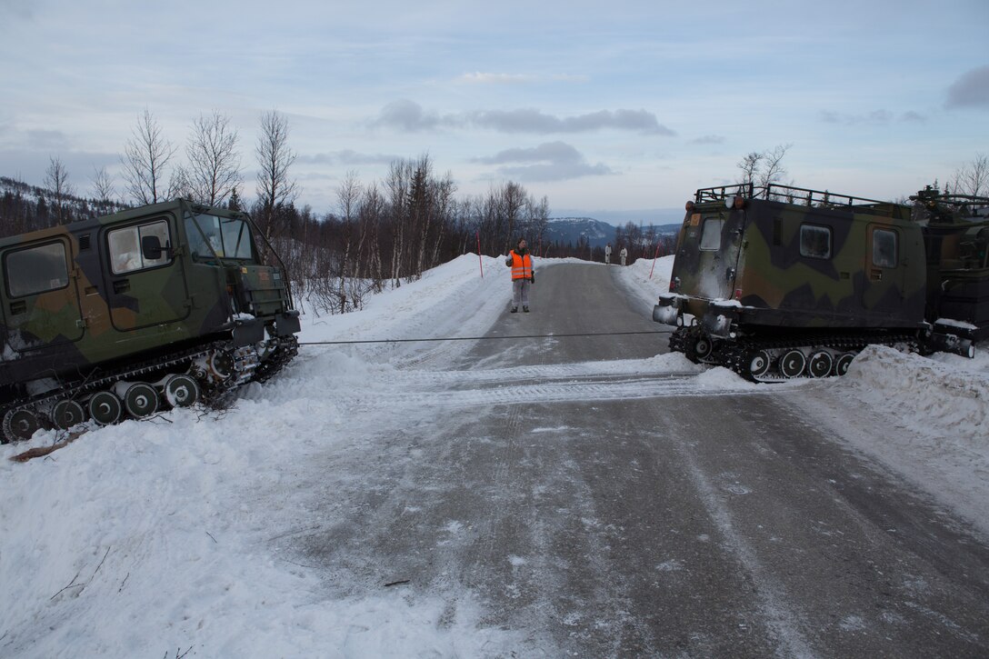 A Bandvagn 206 tows a broken down BV to a road to move it to a repair locaton. Marines with Company G, 2nd Battalion, 2nd Marine Regiment, 2nd Marine Division and Norwegian soldiers from Host Nation Support Battalion spent three days learning to work together and how to operate in the Norwegian winter environment to prepare the Marines and soldiers for Exercise Cold Response, which is a multinational and multilateral training exercise. The exercise will feature various types of military training including maritime, land and air operations. The location, above the Arctic Circle in northern Norway, provides a unique cold-weather environment for all forces involved to learn and develop procedures from one another.