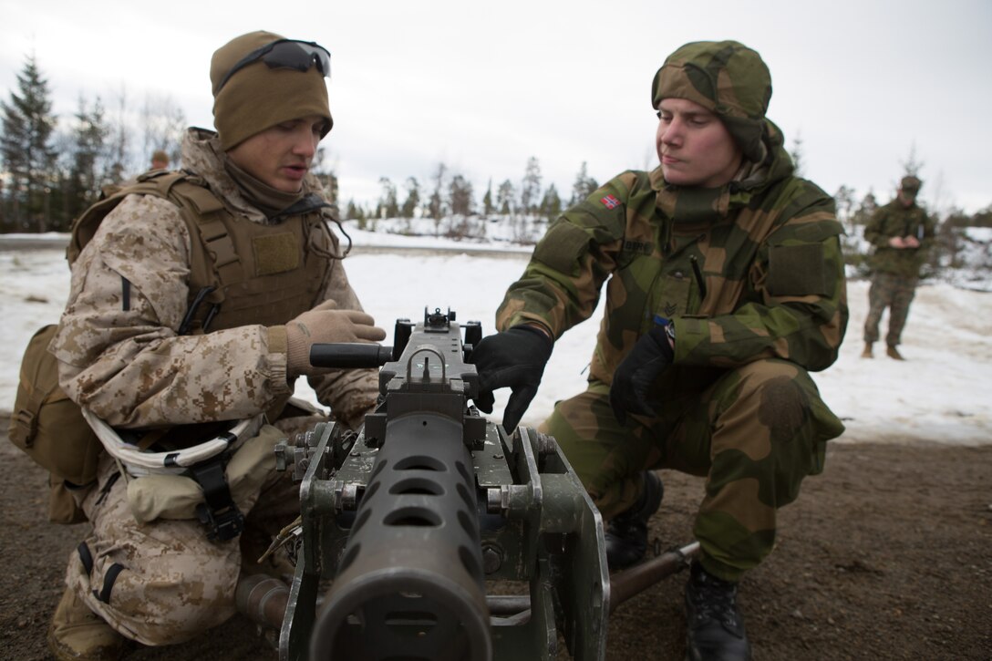 U.S. Marines with Company G, 2nd Battalion, 2nd Marine Regiment, 2nd Marine Division and Norwegian soldiers learn about each other's .50 caliber machine guns prior to a live-fire range March 6, 2014. The Marines and Norwegian soldiers spent the day learning each other's weapons systems and training together prior to exercise Cold Response 2014, which is a multinational and multilateral training exercise. The exercise will feature various types of military training including maritime, land and air operations. The location, above the Arctic Circle in northern Norway, provides a unique cold-weather environment for all forces involved to learn and develop procedures from one another.