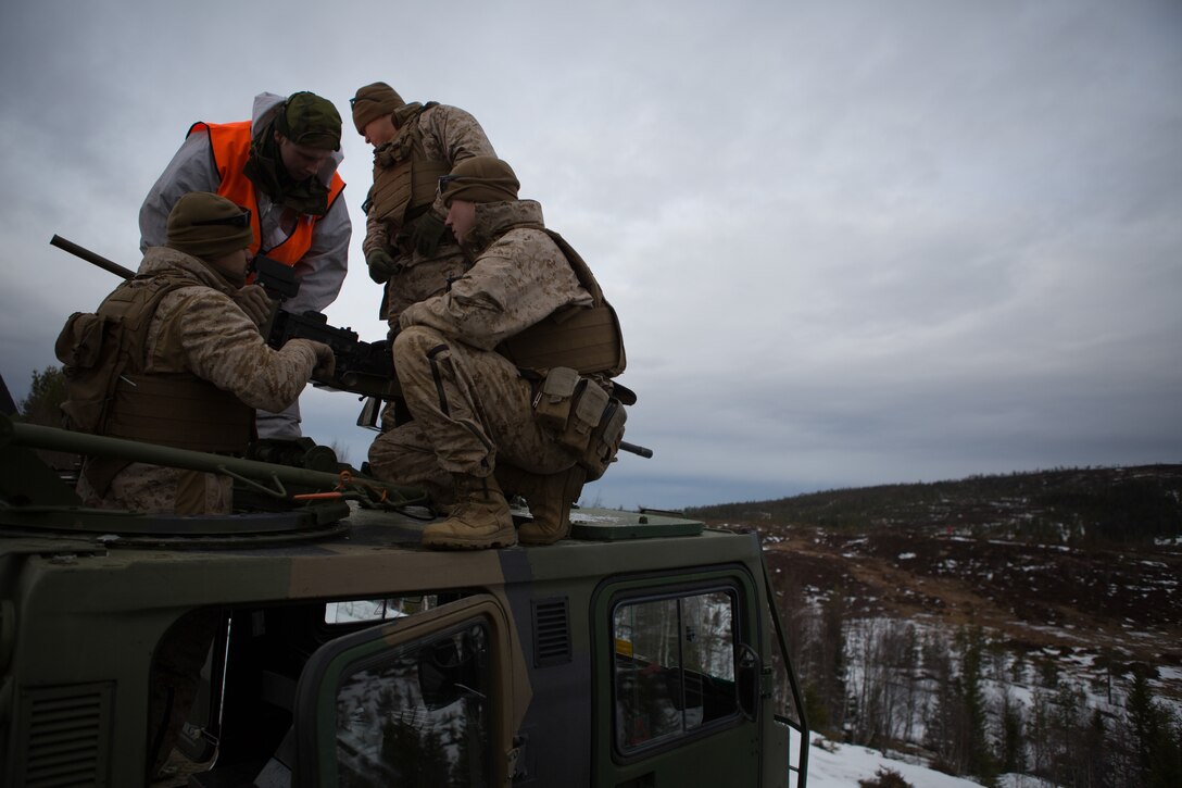 U.S. Marines with Company G, 2nd Battalion, 2nd Marine Regiment, 2nd Marine Division and Norwegian soldiers learn about each other's .50 caliber machine guns prior to a live-fire range March 6, 2014. The Marines and Norwegian soldiers spent the day learning each other's weapons systems and training together prior to exercise Cold Response 2014, which is a multinational and multilateral training exercise. The exercise will feature various types of military training including maritime, land and air operations. The location, above the Arctic Circle in northern Norway, provides a unique cold-weather environment for all forces involved to learn and develop procedures from one another.