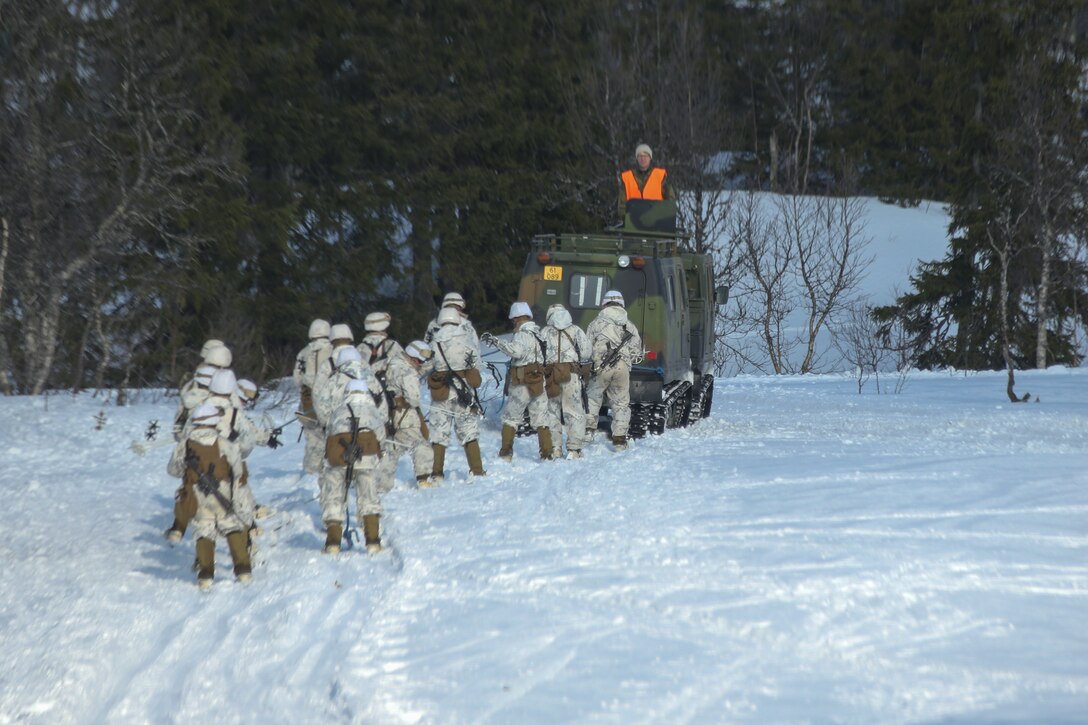 Giskaas, Norway – Marines with Golf Company, 2nd Battalion, 2nd Marine Regiment, 2nd Marine Division are pulled on skis by a Bandvagn 206 during a pre-environmental training field exercise to prepare them for exercise Cold Response 2014. Marines and Norwegian soldiers spent three days learning to work together and how to operate in the Norwegian winter environment to prepare the Marines and soldiers for Exercise Cold Response, which is a multinational and multilateral training exercise. The exercise will feature various types of military training including maritime, land and air operations. The location, above the Arctic Circle in northern Norway, provides a unique cold-weather environment for all forces involved to learn and develop procedures from one another.