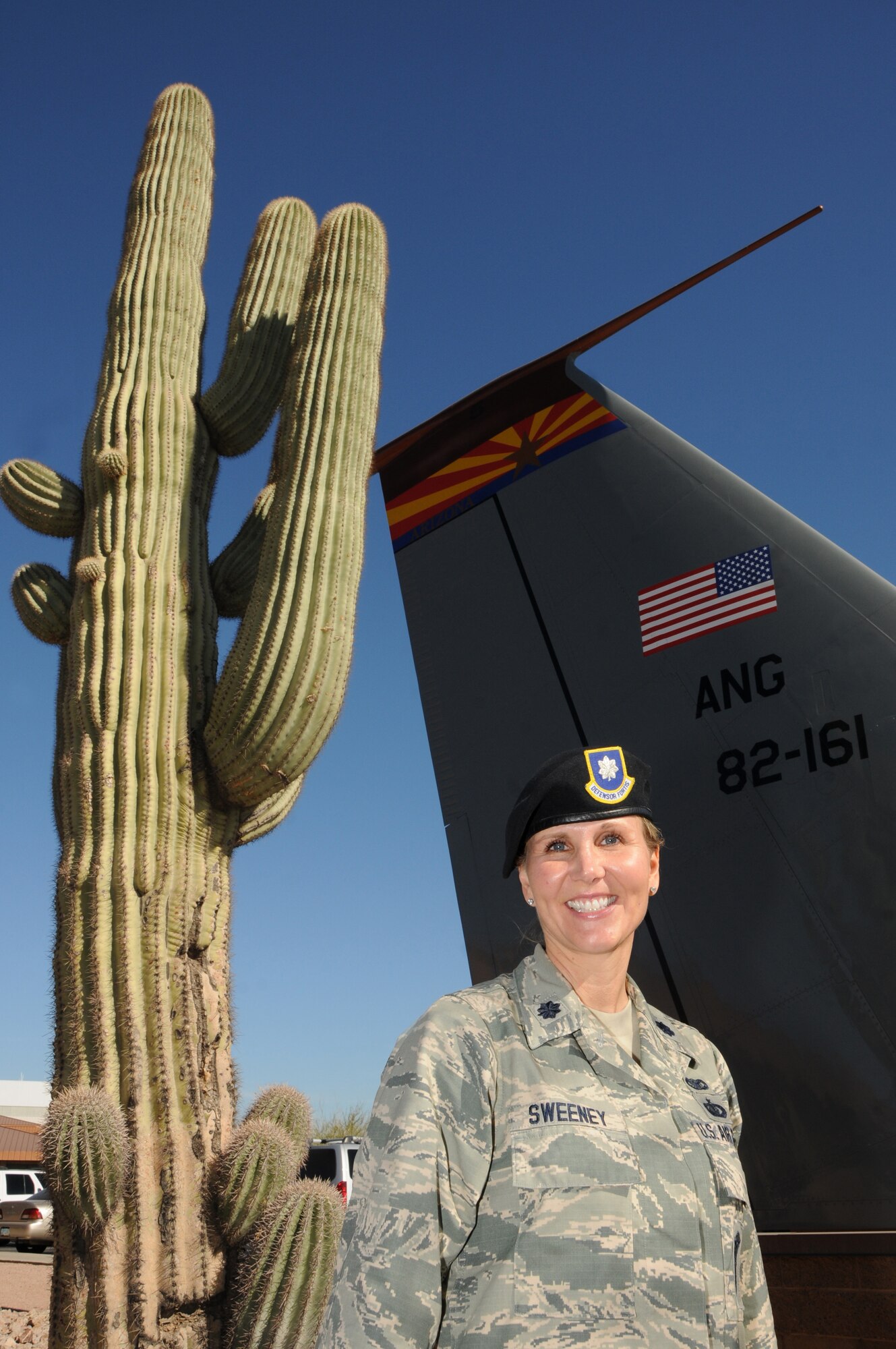 U.S. Air Force Lt. Col. Denise Sweeney, 161st Security Forces Squadron commander, recently returned from the Security Forces Specialist Technical Training at Lackland AFB, Texas. Colonel Sweeney learned and earned the right to command the Security Forces Squadron after completing the 65 day course. (Air National Guard photo by Master Sgt. Charles M. Wade/Released)