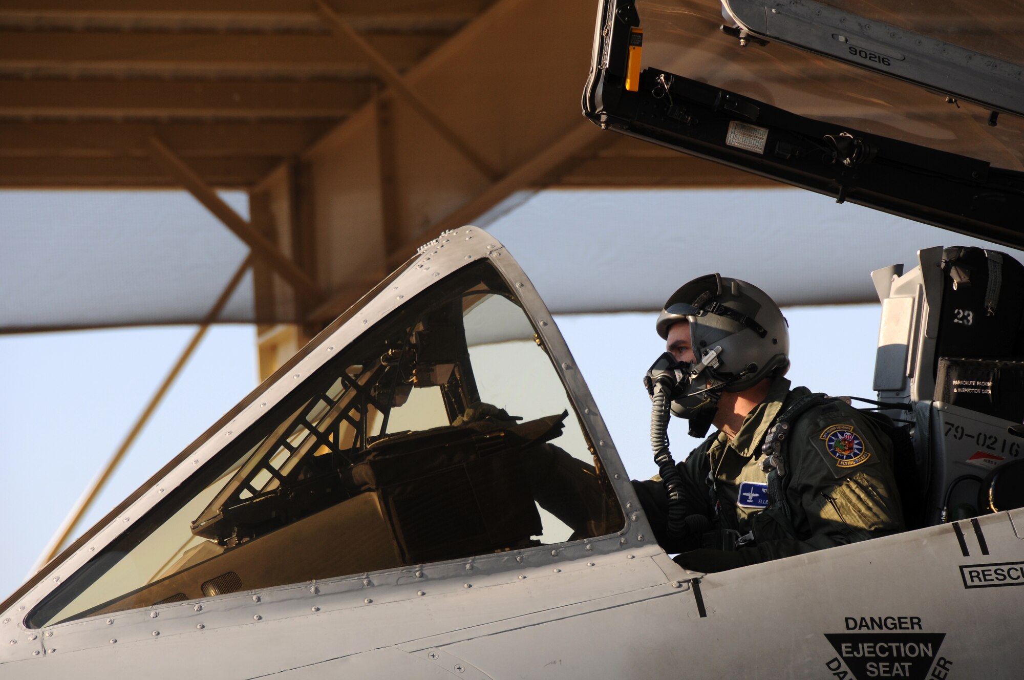1st Lt. Ellis Moser, a pilot with the 74th Fighter Squadron, awaits clearance to taxi at Ebbing Air National Guard Base, Fort Smith, Ark. Moser delivered the A-10C Thunderbolt II "Warthog" (Tail No. 216) from the 188th Fighter Wing to Moody Air Force Base, Ga., as part of the 188th's mission conversion from the A-10 to a remotely piloted aircraft, intelligence and targeting mission. The 188th has six remaining A-10s on station. (U.S. Air National Guard photo by Senior Airman John Hillier/released)