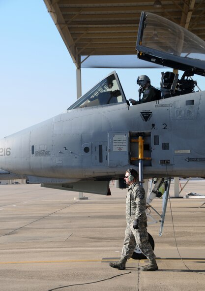 Master Sgt. Tony Crockett of the 188th Aircraft Maintenance Squadron and 1st Lt. Ellis Moser of the 74th Fighter Squadron conduct preflight inspections March 6, 2014. Lt. Moser is delivering the A-10C Thunderbolt II “Warthog” to Moody Air Force Base, Ga. as part of the 188th Fighter Wing’s conversion from the A-10 to a remotely piloted aircraft, intelligence and targeting mission. The 188th has six remaining A-10s on station. (U.S. Air National Guard photo by Senior Airman John Hillier/released)