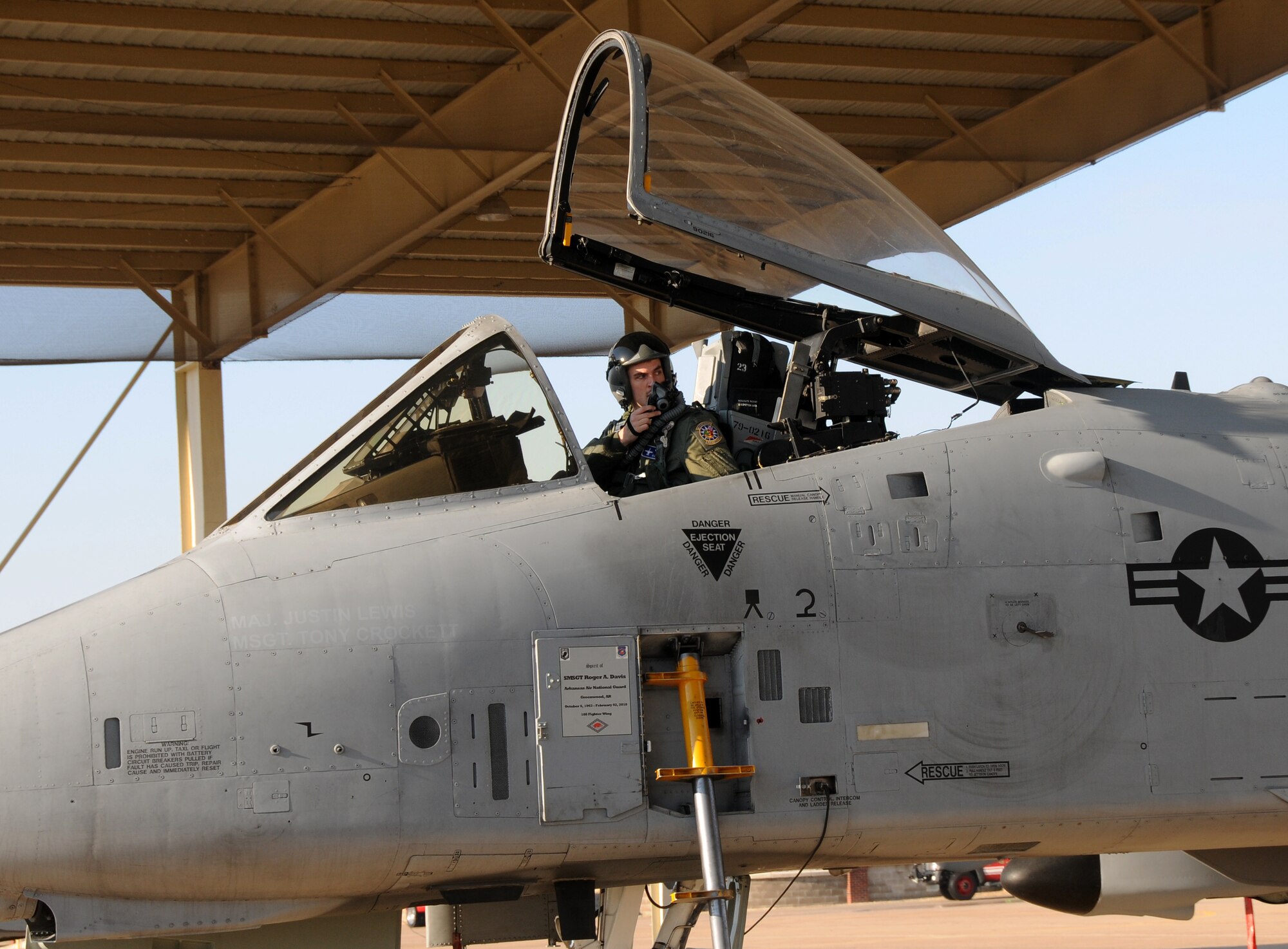 1st Lt. Ellis Moser, a pilot with the 74th Fighter Squadron, conducts preflight inspections on an A-10C Thunderbolt II "Warthog" (Tail No. 216) at Ebbing Air National Guard Base, Fort Smith, Ark. Moser delivered the aircraft from the 188th Fighter Wing to Moody Air Force Base, Ga., as part of the 188th's mission conversion from the A-10 to a remotely piloted aircraft, intelligence and targeting mission. The 188th has six remaining A-10s on station. (U.S. Air National Guard photo by Senior Airman John Hillier/released)
