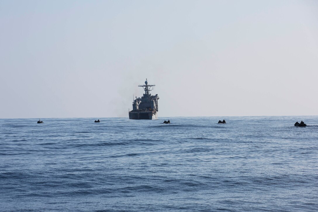 Amphibious assault vehicles with Battalion Landing Team 2nd Battalion, 5th Marines, 31st Marine Expeditionary Unit, move in formation behind the USS Ashland (LSD-48) during a splash and recovery exercise, Feb. 28. The 31st MEU recently embarked upon the three ships of the USS Bonhomme Richard (LHD-6) Amphibious Ready Group for the regularly-scheduled Spring Patrol. The 31st MEU is the Marine Corps’ force of choice for the Asia-Pacific region and is the only continuously forward-deployed MEU.