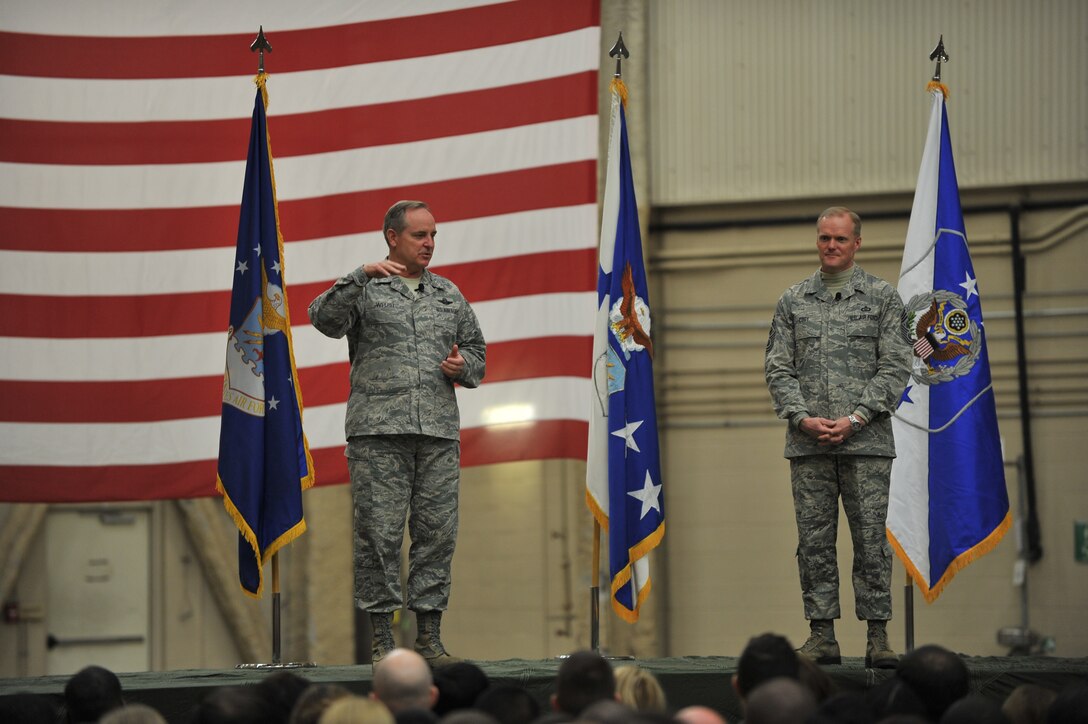 Air Force Chief of Staff Gen. Mark A. Welsh III and Chief Master Sgt. of the Air Force James A. Cody speak with members of the 97th Air Mobility Wing March 6, 2014, at Altus Air Force Base. Welsh and Cody addressed various topics such as sequestration, force structure and sexual assault. (U.S. Air Force photo/Senior Airman Dillon Davis)