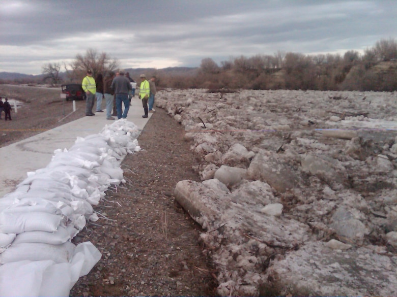 Crews are monitoring ice jamming and river conditions along the Big Horn River at the Federal levee in Greybull, Wyo. Water levels decreased from Sunday, March 9 into Monday, March 10 but with ice remaining in the area and still to come downstream as well as a forecast for rain and snow from the National Weather Service, crews continue to monitor the area for concerns.