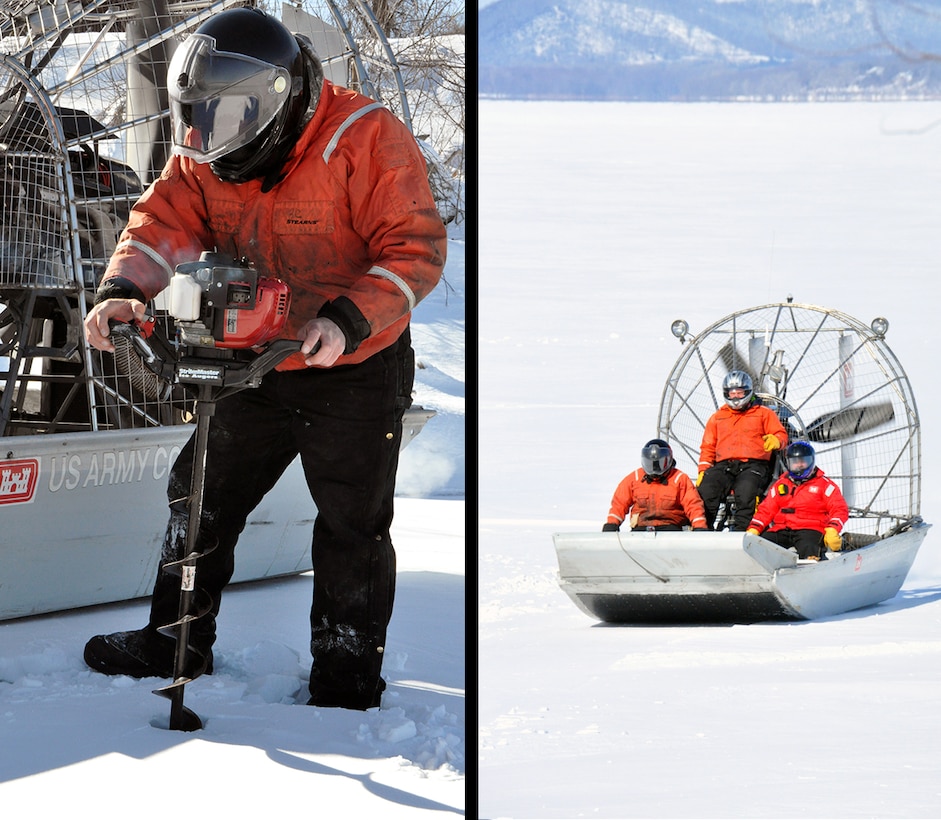 The Corps of Engineers, St. Paul District ice survey team uses an airboat in the Mississippi River, near Lake City, Minn., Feb. 27, to measure the ice thickness within Lake Pepin. The Corps of Engineers measures the ice thickness every spring and the navigation industry uses the information to determine when to break through the ice and begin the shipping season. Lake Pepin ice is traditionally the last hurdle for the navigation industry to deal with before reaching St. Paul, because the ice is usually a lot thicker in the lake due to the slow moving current.
