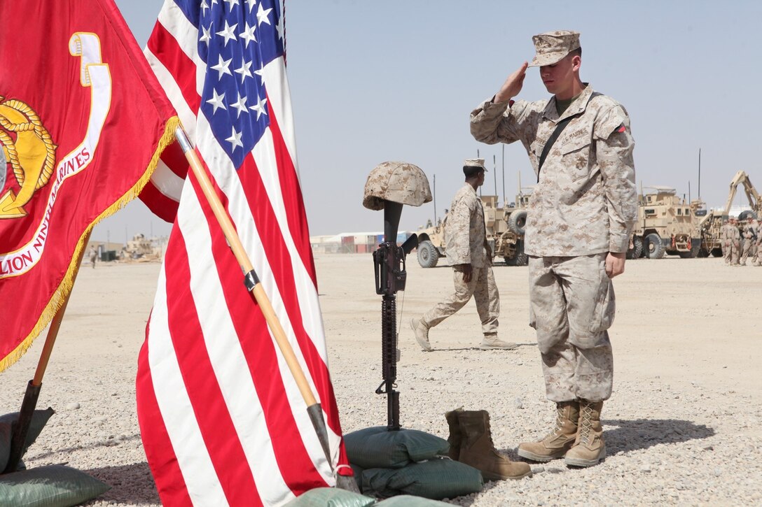 Lance Cpl. Michael Shaffer, a motor transportation operator with 1st Battalion, 9th Marine Regiment, salutes the battlefield cross of Lance Cpl. Caleb L. Erickson aboard Camp Leatherneck, Afghanistan, March 7. Erickson, of Waseca, Minn., a motor transportation mechanic stationed out of Camp Lejeune, N.C., died while conducting combat operations in Helmand province, Afghanistan, Feb. 28, 2014.