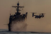 An MV-22 Osprey with Marine Medium Tiltrotor Squadron 265 (Reinforced), 31st Marine Expeditionary Unit, lands on the USS Ashland (LSD-48), Feb. 28. The 31st MEU recently embarked upon the three ships of the USS Bonhomme Richard (LHD-6) Amphibious Ready Group for the regularly-scheduled Spring Patrol. The 31st MEU is the Marine Corps’ force of choice for the Asia-Pacific region and is the only continuously forward-deployed MEU.