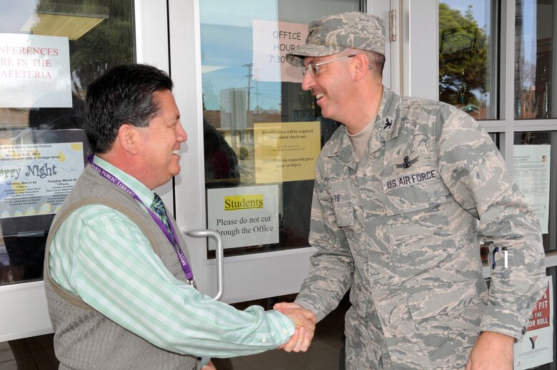 SANTA MARIA, Ca. -- Col Keith Balts, 30th Space Wing commander, meets with Phil Alvarado, superintendent at Santa Maria Bonita School District, before starting a tour of computer labs at Fesler Junior High School Friday, Mar. 7. The 30th Space Wing donated excess computers through the “Computer for learning” program to support the school’s reading lab. (Contributed Photo/Mark Mackley)