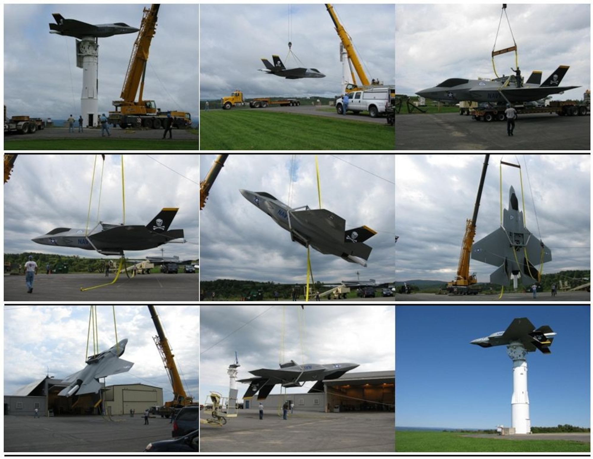 The photo collage shows the process whereby the 11-ton payload is set upside down to permit measurements needed by the AF to be taken on the numerous antennas on the belly of the airframe. (Peter Ricci/AFRL Image)