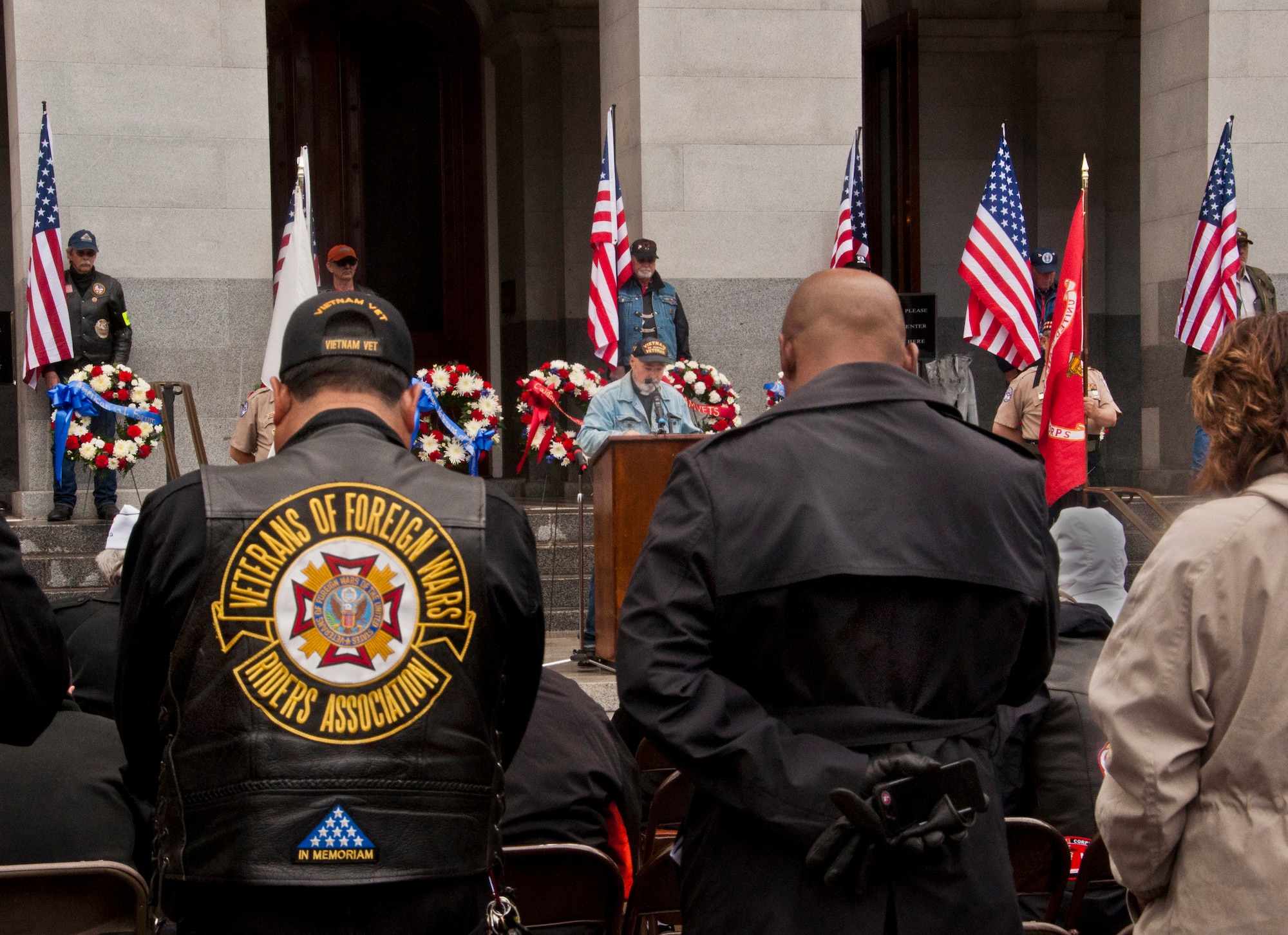 The crowd bow their heads in silence as the invocation is delivered at The Wall That Heals opening ceremony Feb. 27 in Sacramento, Calif. (U.S. Air Force photo/Senior Airman Madelyn Brown)
