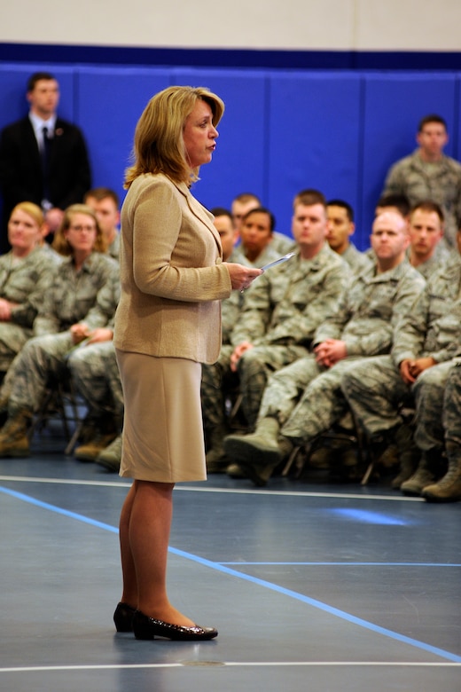 Secretary of the Air Force Deborah Lee James  addresses Team Schriever at the base fitness center during her visit March 6, 2014.  James received a mission briefing and observed several of the wing’s operations first hand.  (U.S. Air Force Photo/Dennis Rogers)